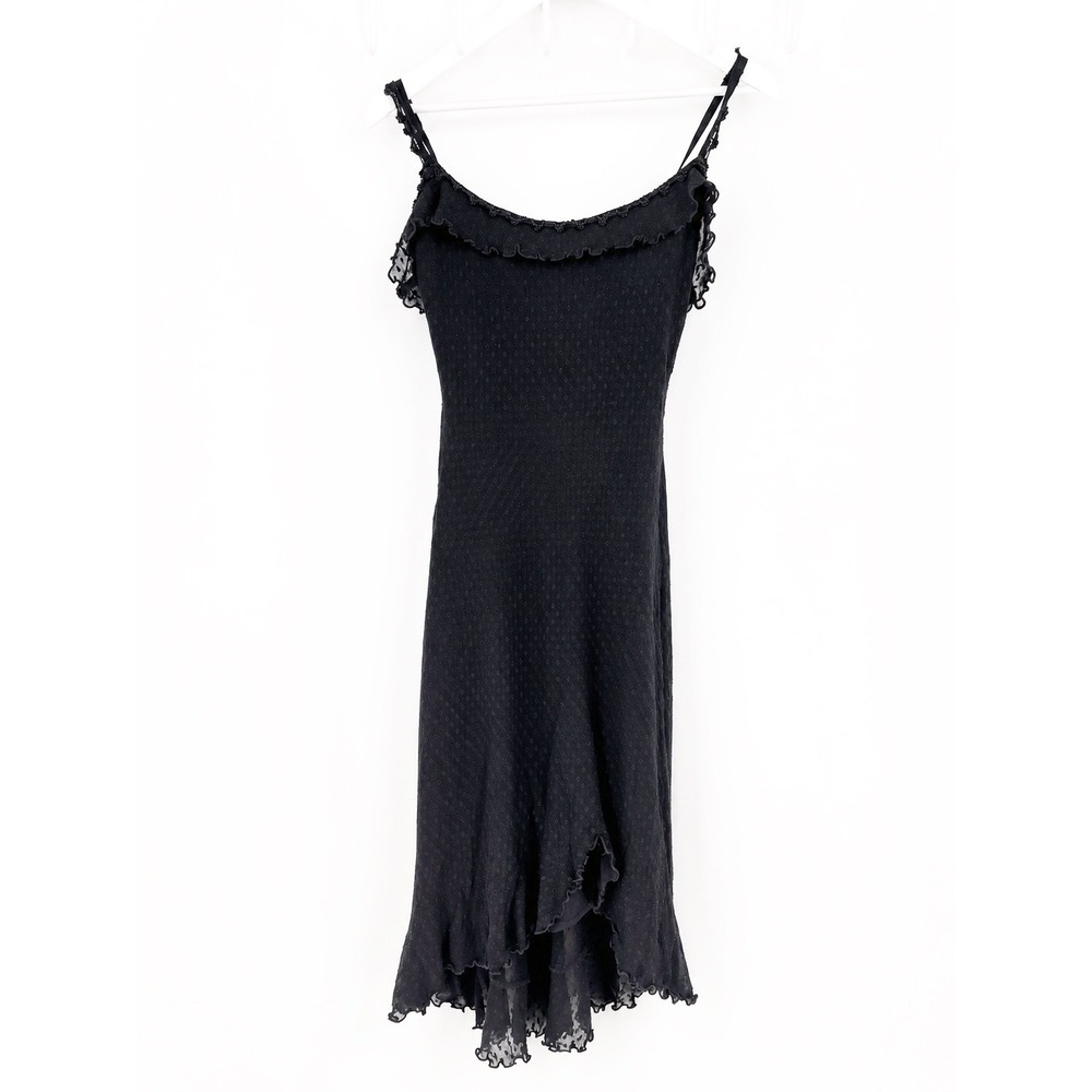 Betsey Johnson Vintage Y2K Black Swiss Dot Ruffle Goth Midi Dress Womens Small